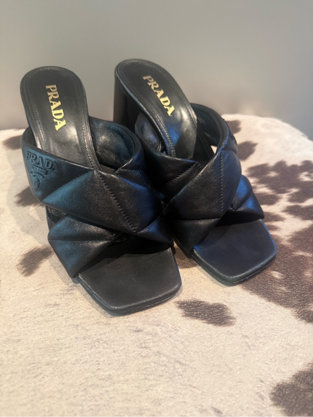 Prada Black Quilted Nappa Leather Logo Criss Cross Sandal Block Heel size 39.5